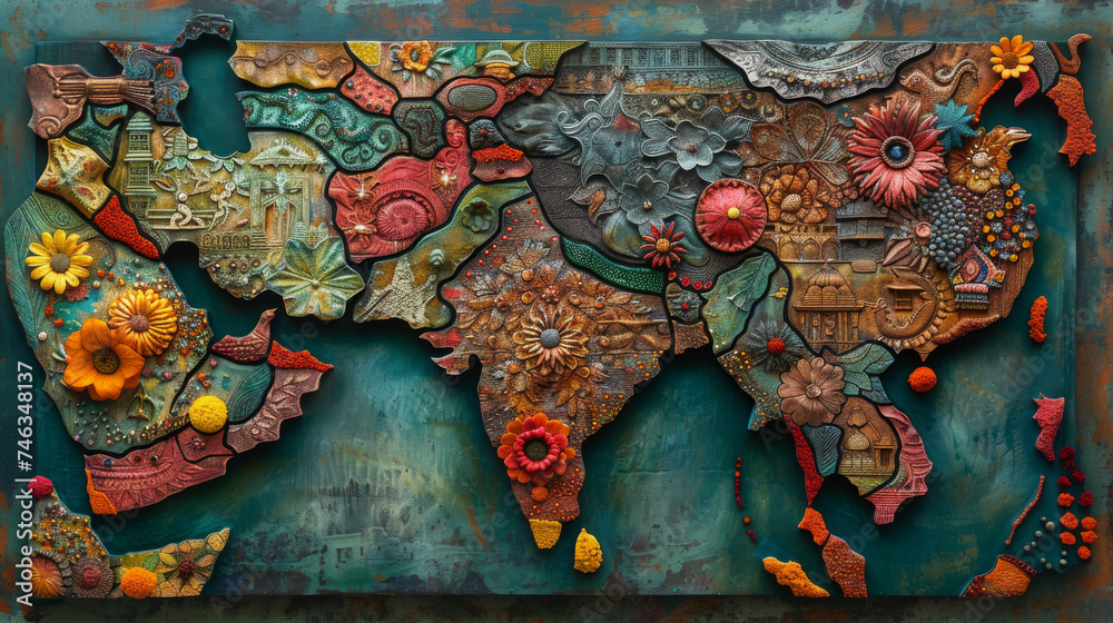 Cultural Kaleidoscope: An Intricate Map of India Decorated with Vibrant Patterns and Symbols - obrazy, fototapety, plakaty 