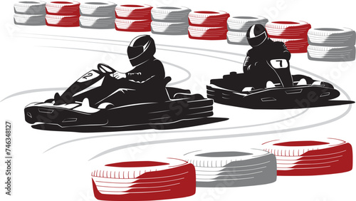 Two go kart racers in a racing circuit. Racers enters the circuit turn. 