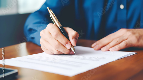 Close up Businessman hand signing and writing a document and a contract.