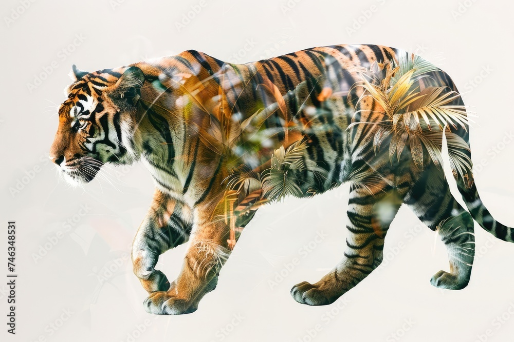 Fototapeta premium A tiger overlaid with the intricate patterns of tropical foliage in a double exposure