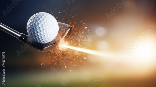Sport and recreational day,a Golf ball on tee with  a golf club hitting on fire photo