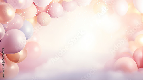 Colorful balloons, watercolor-style holiday greeting card background in pastel colors