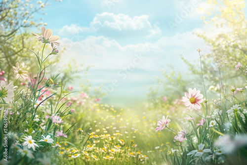 繊細なパステルカラーの花を中心に視覚的にも美しい春の風景のイラスト