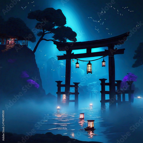 Japanese gate in the misty forest with moon and starry sky photo
