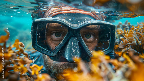 Diver Taking a Selfie with his Diving Mask and Fish © Graphics.Parasite