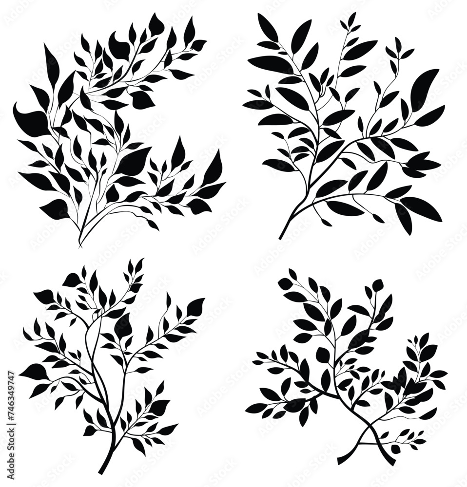 Fototapeta premium Leaves and branches silhouette, Imitation of watercolor, isolated on white. Sketched wreath, floral and herbs garland. Handdrawn Vector style, nature illustration