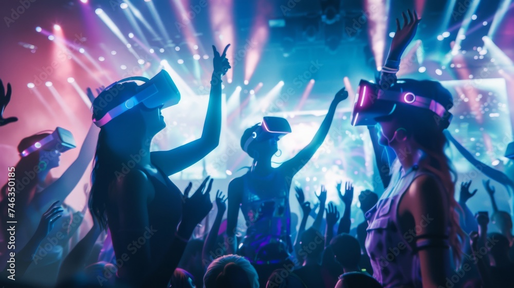 Partygoers immersed in a virtual reality experience, dancing with VR headsets in a vibrant club atmosphere with dazzling lights.
