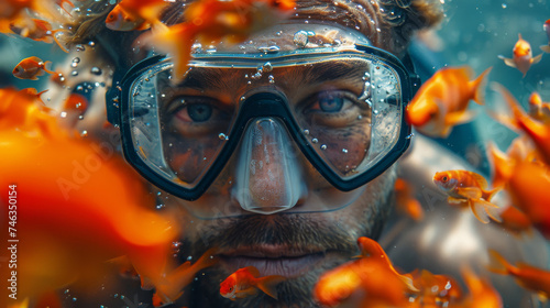 A Male Diver with a Mask and Fish in a Selfie © Graphics.Parasite