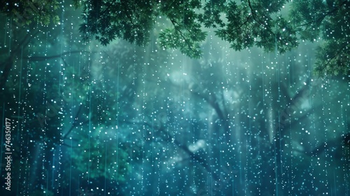 A mystical forest scene where gentle rain glows with ethereal light, evoking a sense of magic and wonder.