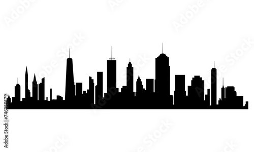 Black cities silhouette. Horizontal skyline in flat style isolated on white. Cityscape with windows, urban panorama of night town.