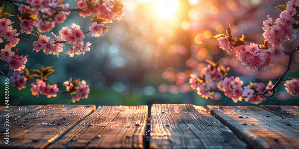 Empty wooden table for product demonstration and presentation against the backdrop of spring blooming garden.Beautiful pink cherry blossom. Banner. Copy space. Mock up - obrazy, fototapety, plakaty 