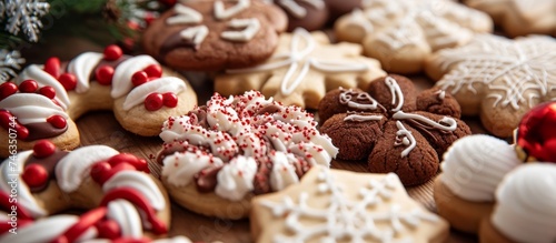 Close up of a variety of delicious cookies on a wooden table in a bakery shop