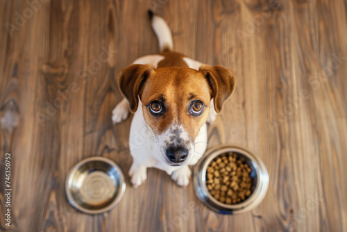 Jack Russell terrier siting on the floor between food and water bowl