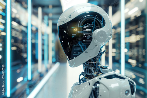 Robot umanoide in una sala server tecnologica, concetto di intelligenza artificiale, ai photo