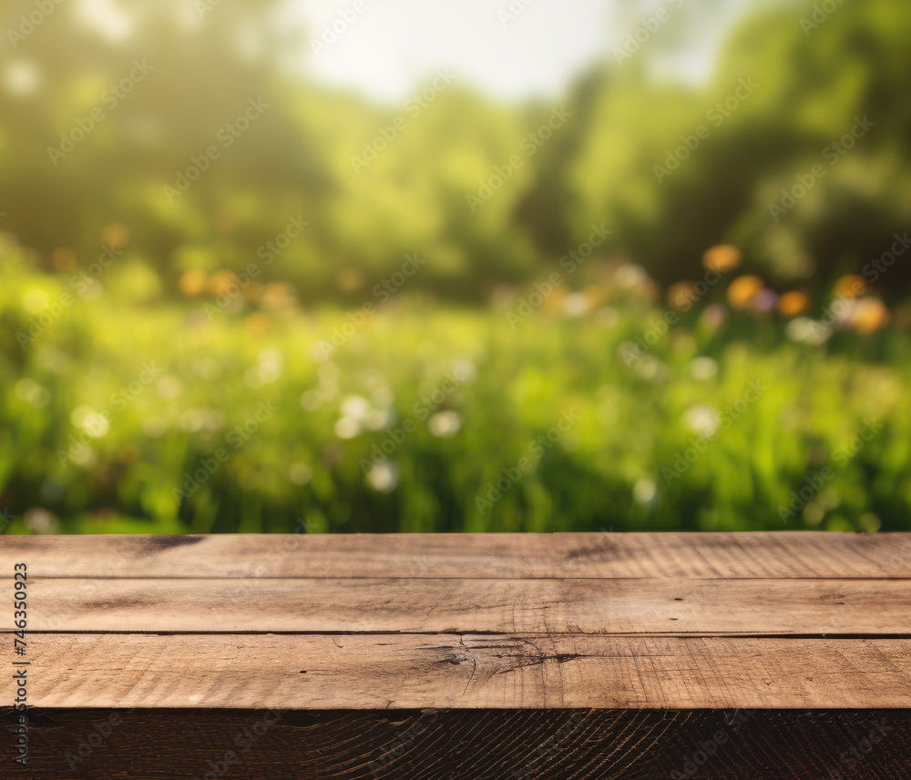 Empty wooden table for product demonstration and presentation against the backdrop of green grass, field, forest. Copy space. Mock up