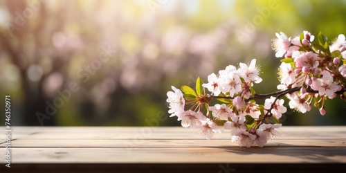 Empty wooden table for product demonstration and presentation against the backdrop of spring blooming garden.Beautiful pink cherry blossom. Banner. Copy space. Mock up