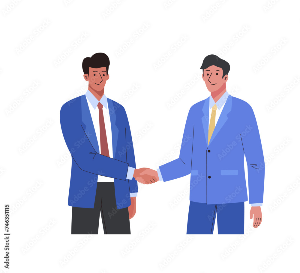 Two male character in suits shaking hands. Business concept of concluding contract, partnership, teamwork