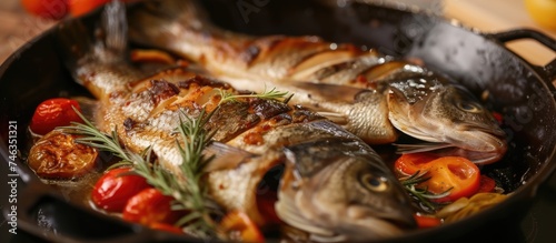 A pan filled with fish and assorted vegetables simmers on top of a stove. The bass is being braised until succulent, with the savory aroma filling the kitchen. photo