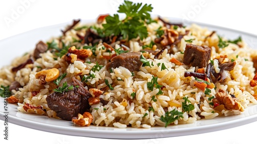  Rice with Meat and Nuts in Plate on White Background