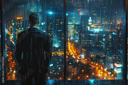 A contemplative businessman in a well-fitted suit, looking out over a rain-soaked city from a high-rise office window, reflecting on decisions.