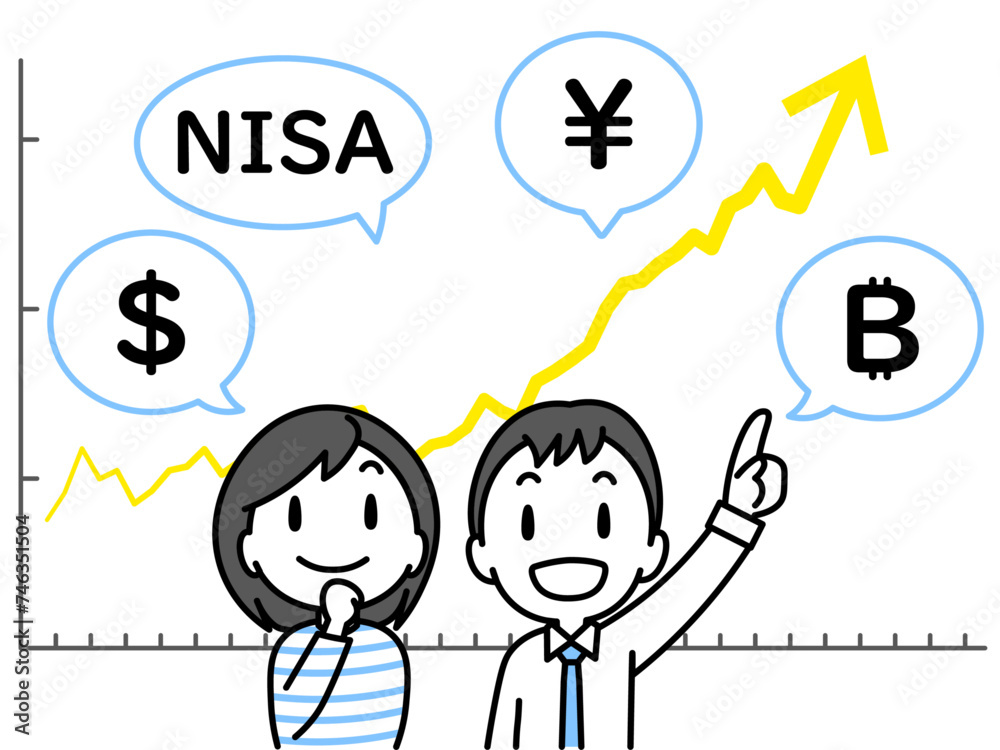 上昇傾向のチャートと明るい表情の若い夫婦(折れ線グラフ・通貨記号) 上昇傾向のチャートと明るい表情の若い夫婦(折れ線グラフ・通貨記号)