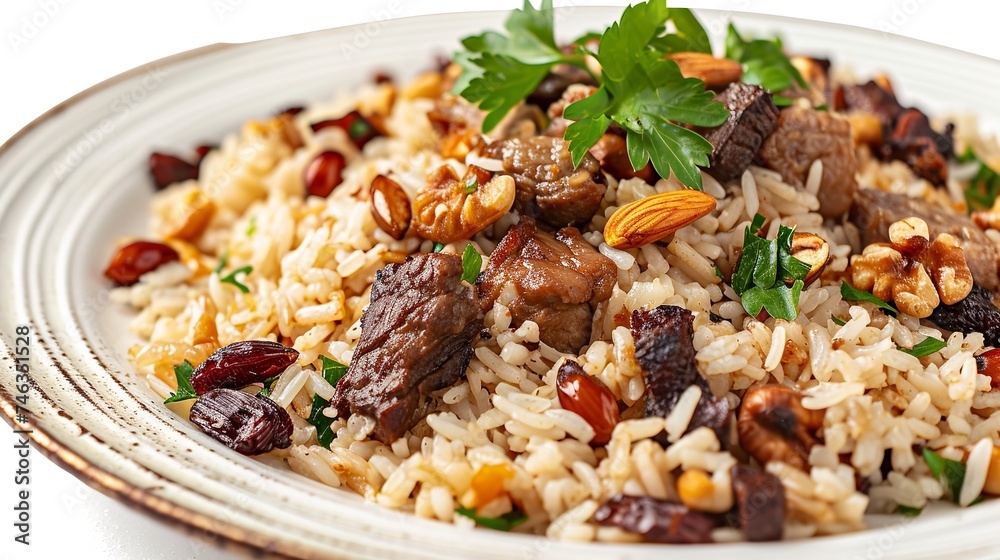 Rice with Meat and Nuts in Plate on White Background Rice with Meat and Nuts in Plate on White Background