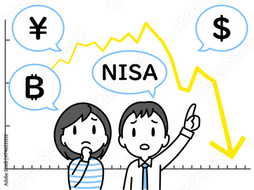 下落傾向のチャートと暗い表情の若い夫婦（折れ線グラフ・通貨記号）