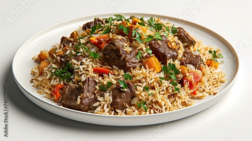  Rice with Meat and Nuts in Plate on White Background