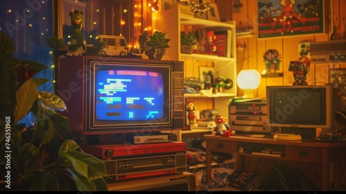 A nostalgic vintage room decorated with holiday lights and retro toys, featuring an old TV with colorful screen glitches