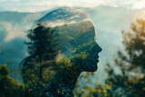 Outline of a woman head containing a serene landscape background, symbolizing the concept of inner peace and mental tranquility with copy space