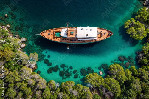Aerial view of a boat on the turquoise water of the Mediterranean Sea