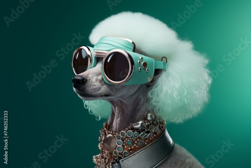  A poodle with a collar and leash set  showcasing a futuristic look on a solid mint green background
