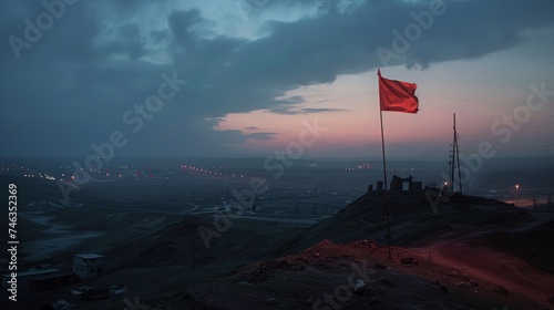 A solitary Turkish flag waves against a dusky sky, overshadowing a sprawling industrial landscape below