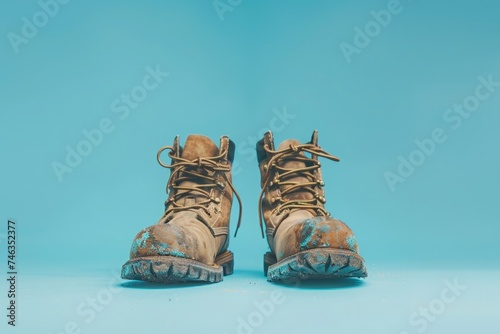 Mud-caked boots are centered against a vibrant blue background, symbolizing hard work and exploration photo