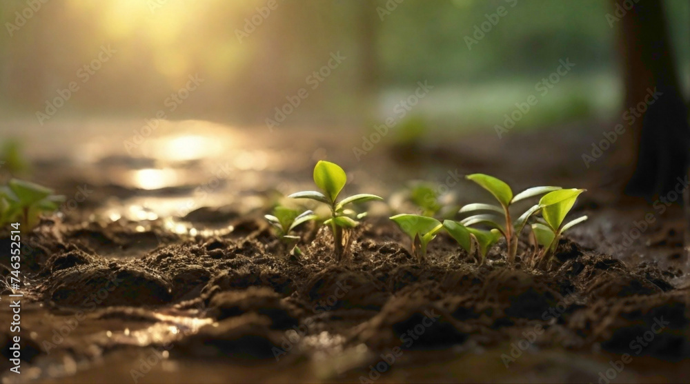 little tiny plants with little drop of water on the tiny leaves with mud and lush green color with mud in background  of the leaves abstract background 