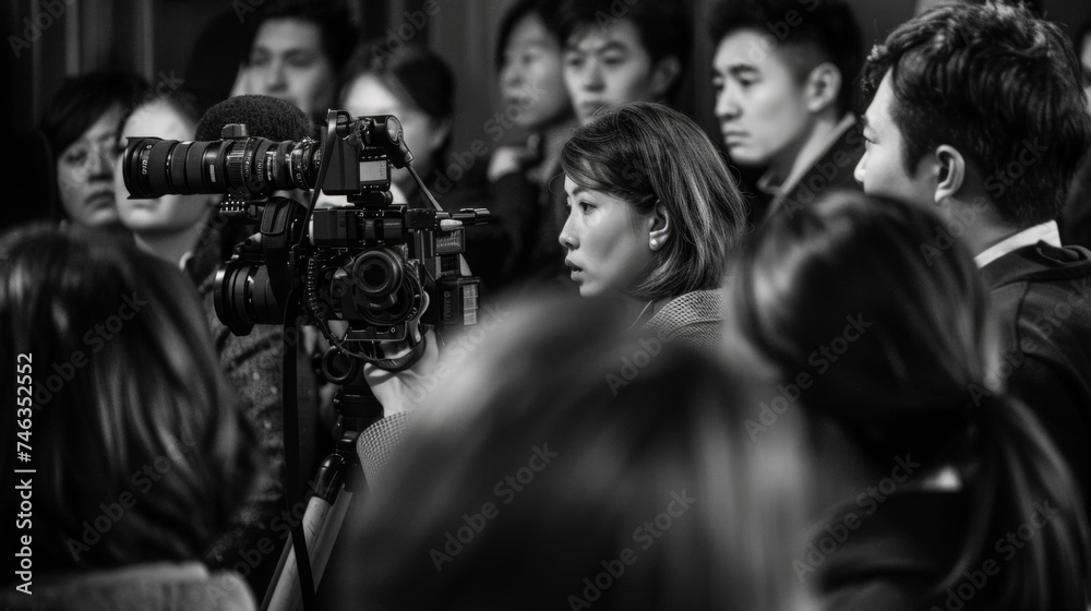 A black and white image of a female reporter focused on conducting an interview, with camera and lighting equipment visible