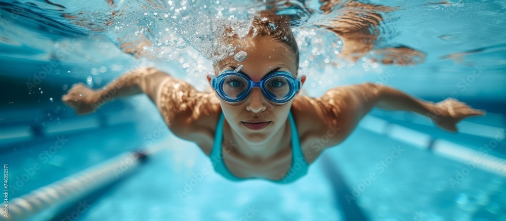 Adventurous young girl wearing stylish goggles having fun in a sparkling swimming pool on a sunny day