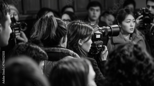 A black and white image featuring a female photographer taking pictures amidst a crowded event photo
