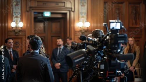 An image capturing a press conference scene with attendees focused on the speaker, highlighting professional video equipment