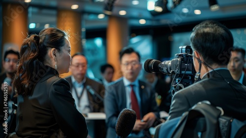 Two speakers at a press conference being recorded by a professional camera, with attentive audience in the background