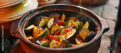 A traditional clay pot filled with zucchini, eggplant, and paprika rests on a wooden table, ready to be baked. The arrangement showcases a variety of colorful and nutritious vegetables in a rustic