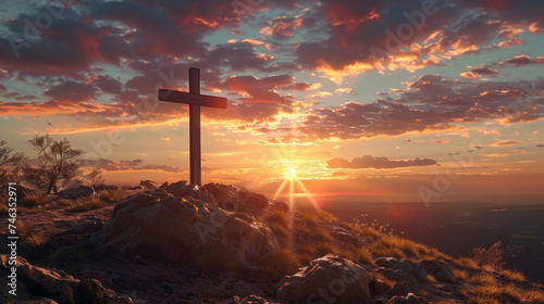 Sacred Crucifix Silhouette Against a Dramatic Sunset Sky Signifying Redemption and Faith