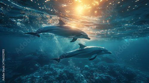 Sun illuminates ocean depths, mystical marine life, vibrant blues, dolphins forming Pisces.generative ai © LomaPari2021