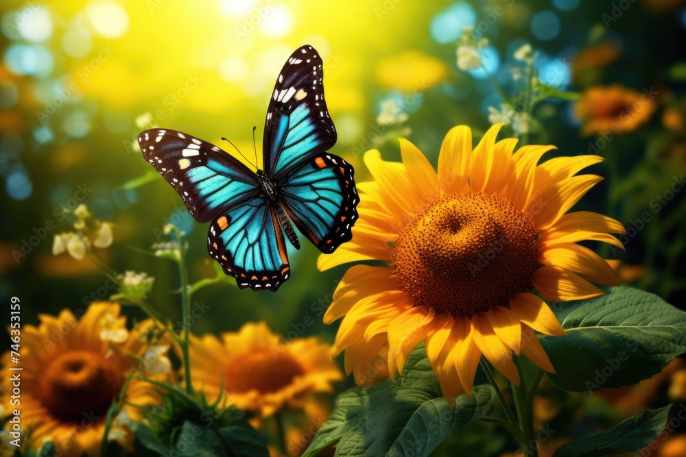Monarch Butterfly, Danaus Plexippus, on bright yellow sunflowers on a sunny summer morning