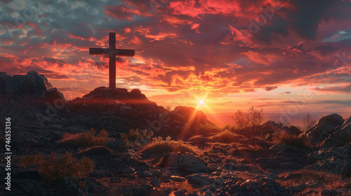 Sacred Crucifix Silhouette Against a Dramatic Sunset Sky Signifying Redemption and Faith