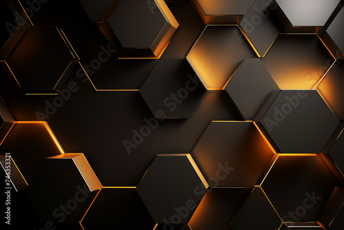 Black and Gold Hexagonal Background With Lights. Generative AI.
