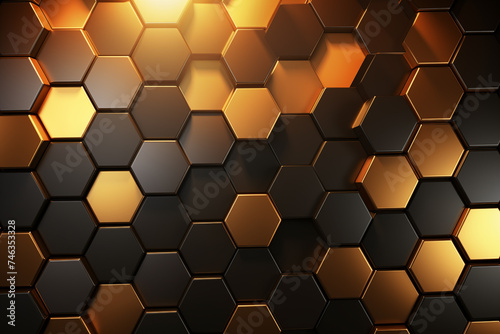 Dark and Gold Hexagonal Background With Light. Generative AI.
