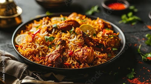 Serving of Chicken Biryani on a Black Background