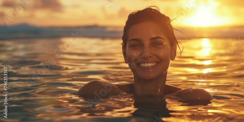 girl swims in the sea at sunset Generative AI