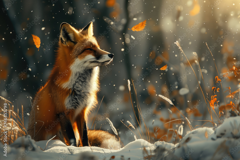 Red fox in the winter forest. Fox in the snowy forest.